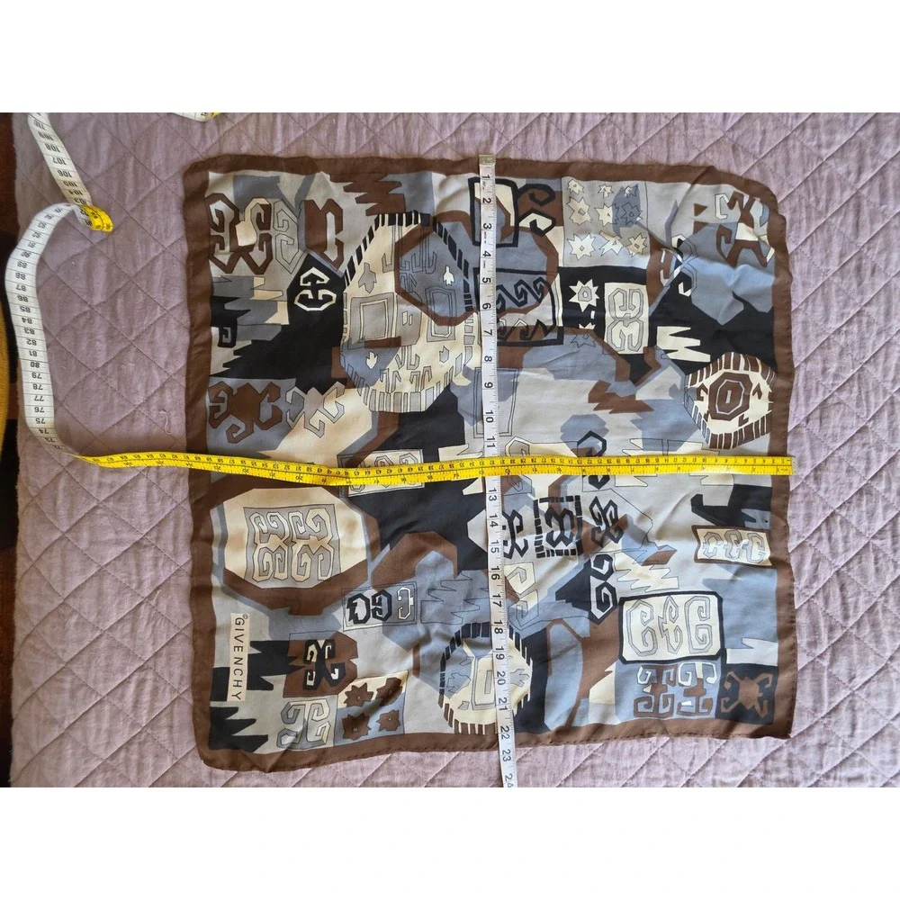 Givenchy VTG Elegant Chic Heritage Logo‎ Geometric Gray Brown Silk Scarf (flaws)